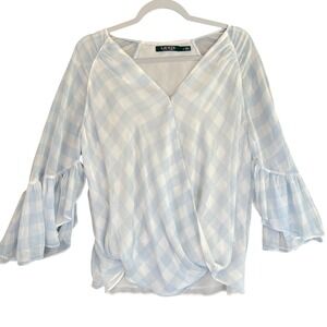 LAUREN Ralph Lauren Blue White Gingham Plaid Surplice Bell Sleeve Blouse Large